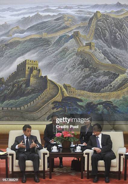 France's President Nicolas Sarkozy holds talks with National People's Congress Standing Committee Chairman Wu Bangguo at the Great Hall of the People...