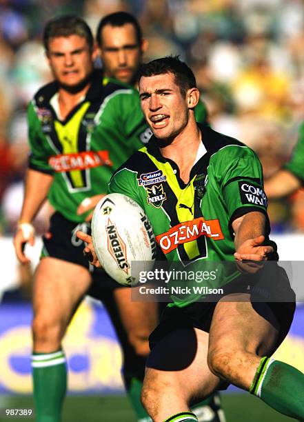 Michael Hodgson of the Raiders charges though the Brisbane defence during the NRL match today between the Canberra Raiders and the Brisbane Broncos...