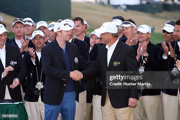 Hunter Mahan is congratulated on his win after the final round of the Waste Management Phoenix Open at TPC Scottsdale on February 28, 2010 in...