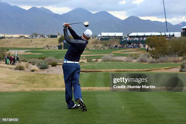 Hunter Mahan hits his shot during the final round of the Waste Management Phoenix Open at TPC Scottsdale on February 28, 2010 in Scottsdale, Arizona.