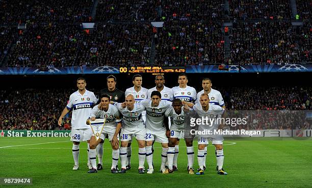The Inter Milan team line up before the UEFA Champions League Semi Final Second Leg match between Barcelona and Inter Milan at Camp Nou on April 28,...