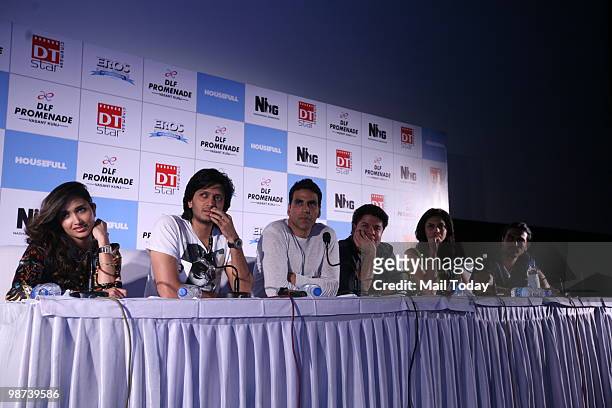 Ritesh Deshmukh, Jiah Khan, Akshay Kumar, Sajid Khan, Deepika Padukone and Arjun Rampal at a promotional event for the film Houseful in New Delhi on...