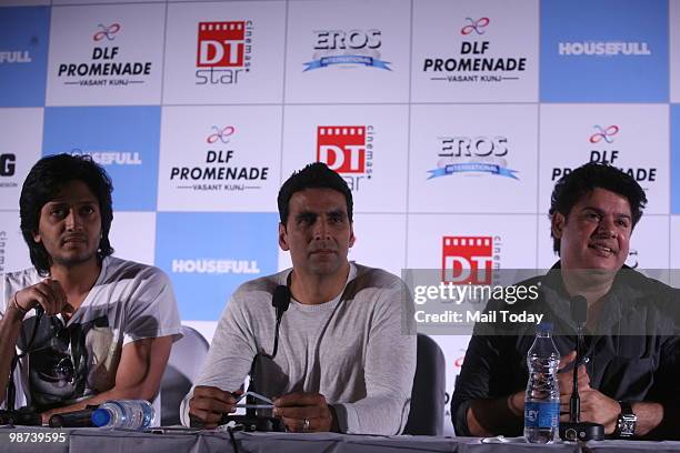 Ritesh Deshmukh, Akshay Kumar and Sajid Khan at a promotional event for the film Houseful in New Delhi on Tuesday, April 27, 2010.