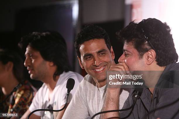 Ritesh Deshmukh, Akshay Kumar and Sajid Khan at a promotional event for the film Houseful in New Delhi on Tuesday, April 27, 2010.