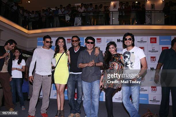 Akshay Kumar, Deepika Padukone, Arjun Rampal, Sajid Khan, Jiah Khan and Ritesh Deshmukh at a promotional event for the film Houseful in New Delhi on...