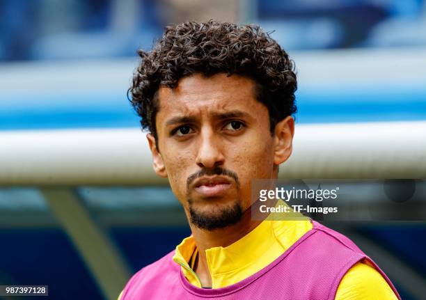 Marquinhos of Brazil looks on prior to the 2018 FIFA World Cup Russia group E match between Brazil and Costa Rica at Saint Petersburg Stadium on June...