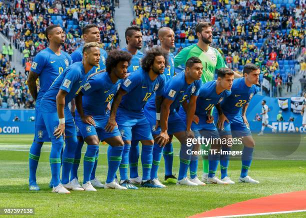 Gabriel Jesus of Brazil, Thiago Silva of Brazil, Paulinho of Brazil, Miranda of Brazil, Goalkeeper Alison of Brazil, Neymar of Brazil, Willian of...