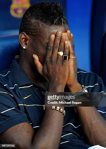 Mario Balotelli of Inter Milan sits on the bench before the UEFA Champions League Semi Final Second Leg match between Barcelona and Inter Milan at...