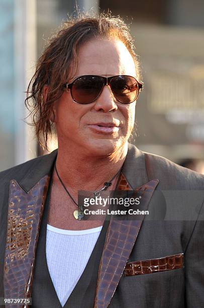Actor Mickey Rourke arrives at the "Iron Man 2" world premiere held at El Capitan Theatre on April 26, 2010 in Hollywood, California.