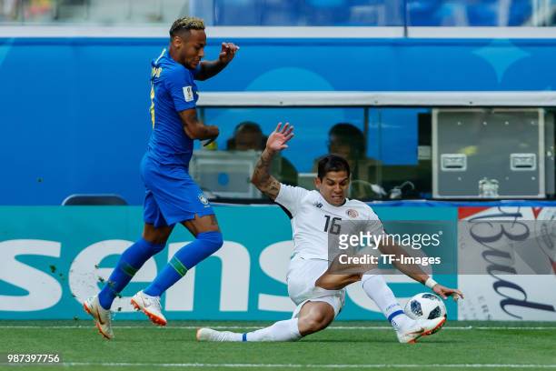 Neymar of Brazil and Cristian Gamboa of Costa Rica battle for the ball during the 2018 FIFA World Cup Russia group E match between Brazil and Costa...