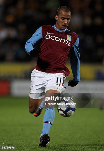 Gabriel Agbonlahor of Aston Villa runs with the ball during the Barclays Premier League match between Hull City and Aston Villa at the KC Stadium on...