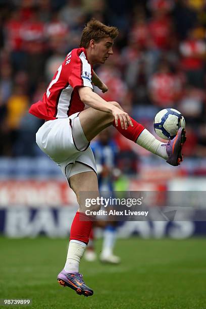 Nicklas Bendtner of Arsenal during the Barclays Premier League match between Wigan Athletic and Arsenal at the DW Stadium on April 18, 2010 in Wigan,...