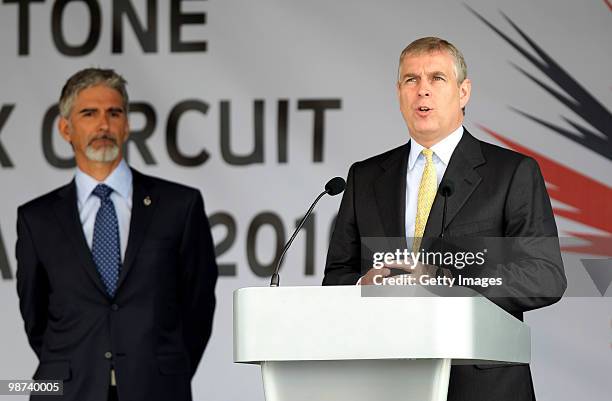 Prince Andrew, The Duke of York speaks as Damon Hill, the President of the BRDC looks on during the launch of the new Grand Prix circuit at...