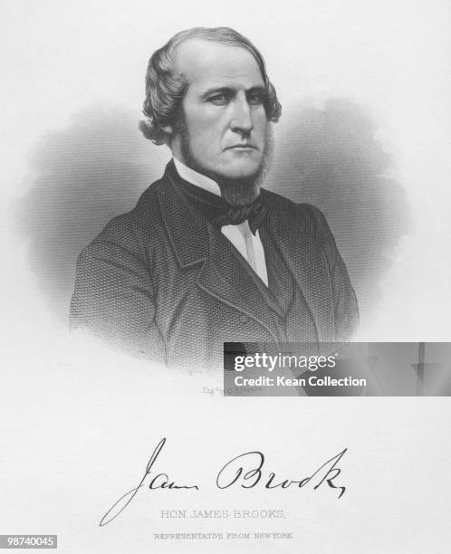 An engraved portrait of politician and journalist James Brooks , circa 1860.