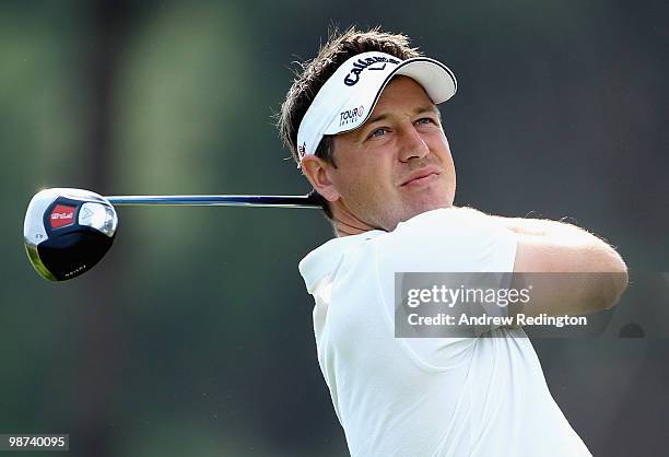 Ally Mellor of England hits his tee-shot on the ninth hole during the first round of the Turkish Airlines Challenge hosted by Carya Golf Club on...