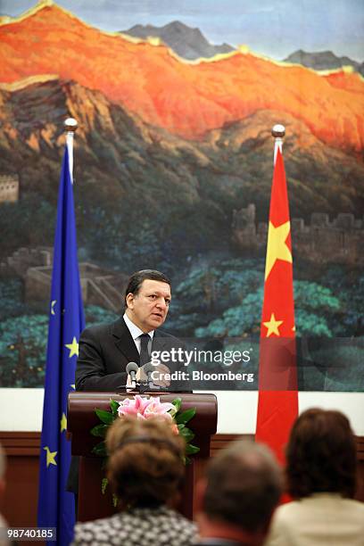 Jose Manuel Barroso, president of the European Commission, speaks during a joint news conference with Wen Jiabao, China's premier, in Beijing, China,...