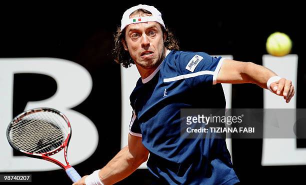 Paolo Lorenzi of Italy returns a ball to Sweden's Robin Soderling during the ATP Tennis Rome Masters tournament on April 28, 2010 in Rome. Fifth seed...