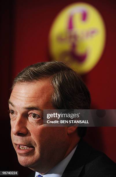 United Kingdom Independence Party MEP Nigel Farage speaks during the launch of his party's election manifesto in London, on April 13, 2010. Britons...