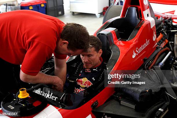 David Coulthard gets a run through on a specially converted two seater car during the launch of the new Grand Prix circuit at Silverstone on April...