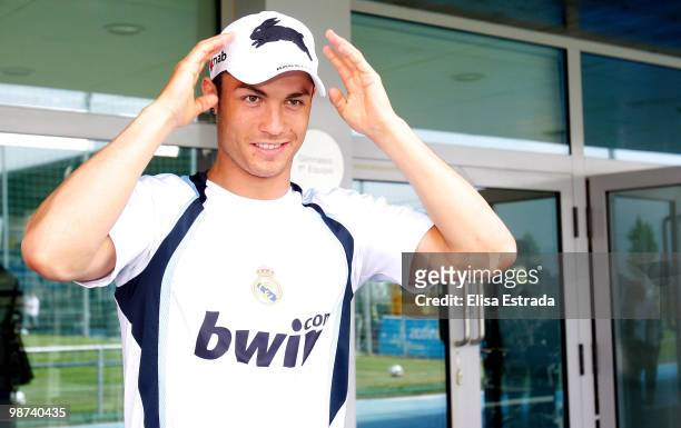 Cristiano Ronaldo of Real Madrid during a visit from Russell Crowe to Valdebebas on April 29, 2010 in Madrid, Spain.