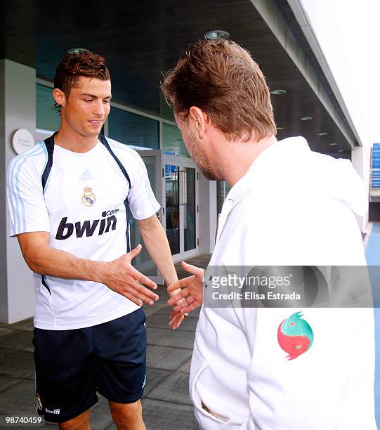 Actor Russell Crowe greets Cristiano Ronaldo during a visit to Valdebebas on April 29, 2010 in Madrid, Spain.
