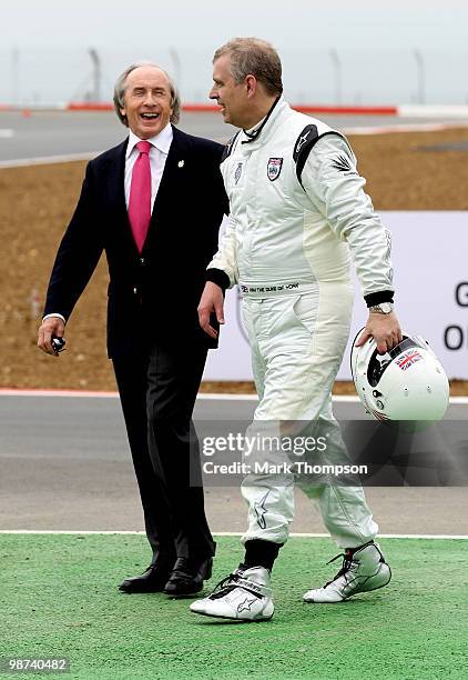 Prince Andrew, The Duke of York speaks with Sir Jackie Stewart during the launch of the new Grand Prix circuit at Silverstone on April 29, 2010 in...