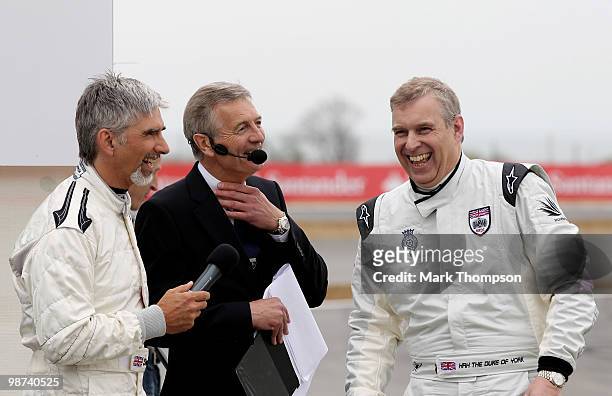 Prince Andrew , The Duke of York speaks with Damon Hill and Tony Jardine during the launch of the new Grand Prix circuit at Silverstone on April 29,...