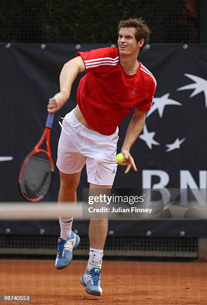 Andy Murray of Great Britain in a practice session during day five of the ATP Masters Series - Rome at the Foro Italico Tennis Centre on April 29,...