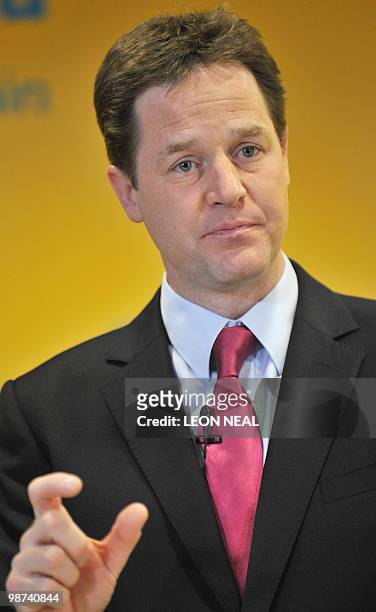 British Opposition Liberal Democrat leader Nick Clegg addresses journalists at a press conference in central London, on April 21, 2010. Britain's...