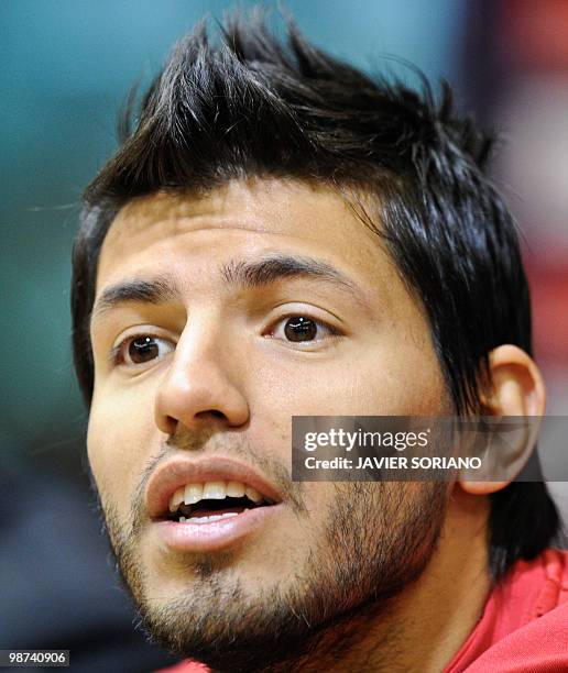 Atletico Madrid's Argentinian forward Sergio Aguero gives a press conference before their training session on April 28, 2010 at Anfield stadium in...