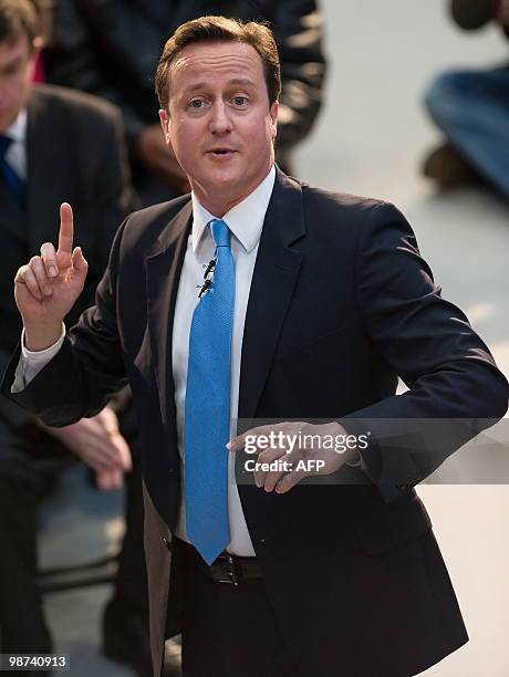 Conservative Party leader David Cameron talks to members of the community at Sir John Hunt Community sports college during an election visit to...