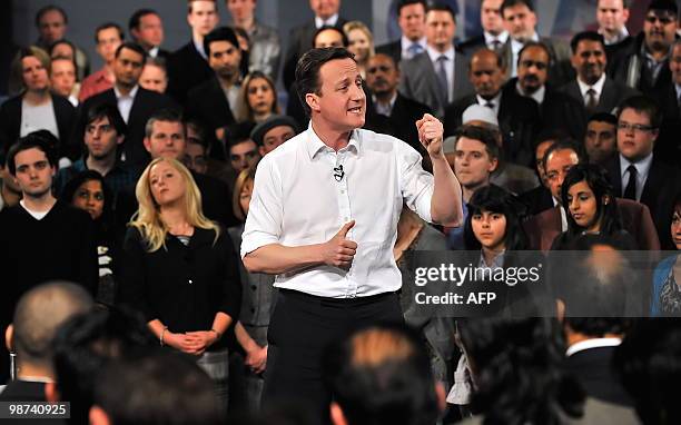 Conservative Party leader David Cameron addresses an audience of supporters at a rally in Leeds City Museum in Leeds on April 6, 2010. With the...