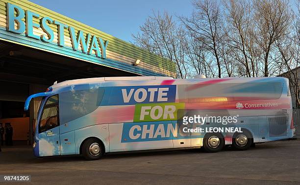 Brish Conservative Party leader David Cameron arrives at the Bestway cash and carry in Cardiff, Wales on April 7, 2010. With the general election...