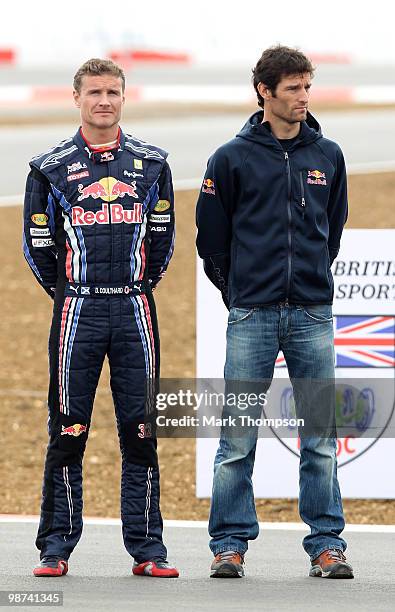 David Coulthard and Mark Webber look on during the launch of the new Grand Prix circuit at Silverstone on April 29, 2010 in Northampton, England.