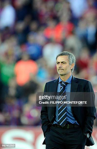 Inter Milan's Portuguese coach Jose Mourinho smiles before a Champion's League semifinal second leg football match against Barcelona in Barcelona's...