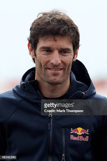 Mark Webber of Red Bull looks on during the launch of the new Grand Prix circuit at Silverstone on April 29, 2010 in Northampton, England.