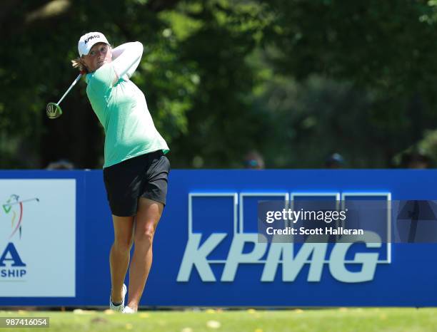 Stacy Lewis hits her tee shot on the tenth hole during the second round of the KPMG Women's PGA Championship at Kemper Lakes Golf Club on June 29,...