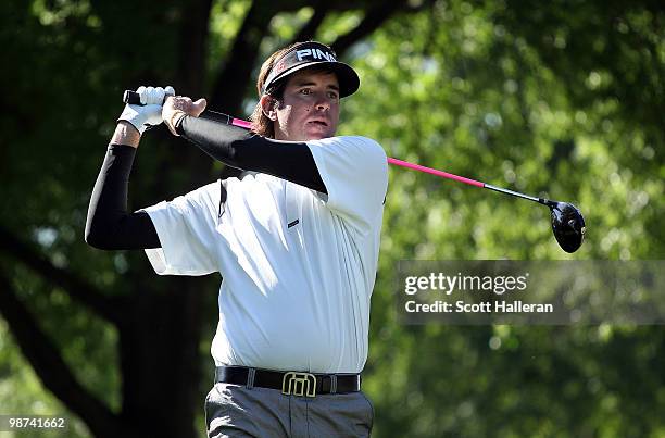 Bubba Watson hits his tee shot on the fourth hole during the first round of the 2010 Quail Hollow Championship at the Quail Hollow Club on April 29,...