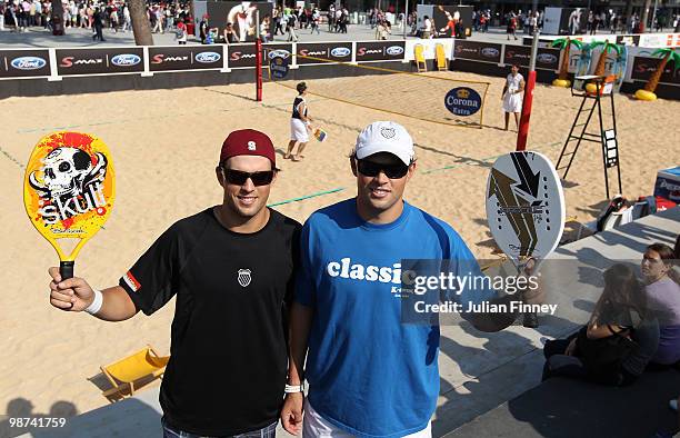 Bob and Mike Bryan of USA pose for a photo before a game of beach tennis during day five of the ATP Masters Series - Rome at the Foro Italico Tennis...