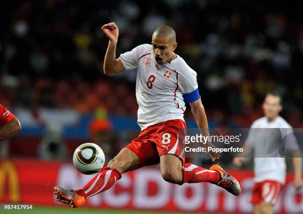 Gokhan Inler of Switzerland in action during the FIFA World Cup Group H match between Chile and Switzerland at the Nelson Mandela Bay Stadium on June...