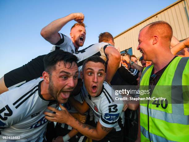 Louth , Ireland - 29 June 2018; Patrick Hoban, left, of Dundalk, celebrates after scoring his side's second goal with his teammates Dylan Connolly,...