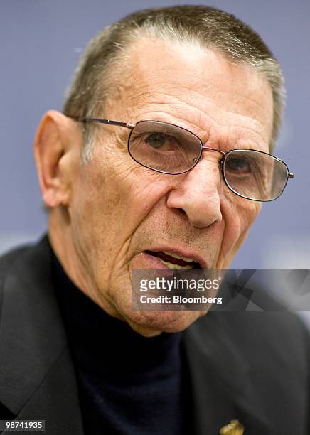 Former Star Trek actor Leonard Nimoy speaks to the media at the 26th National Space Symposium in Colorado Springs, Colorado, U.S., on Thursday, April...