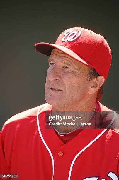 Jim Riggleman, manager of the Washington Nationals, looks on before a baseball game against the Milwaukee Brewers on April17, 2010 at Nationals Park...