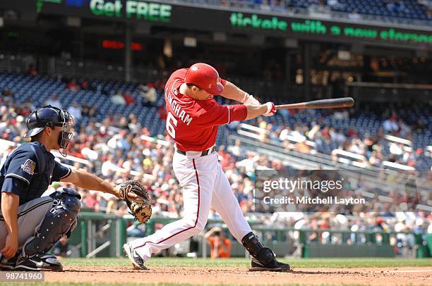 Josh WIllingham of the Washington Nationals takes a swing during a baseball game against the Milwaukee Brewers on April17, 2010 at Nationals Park in...