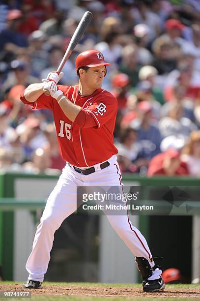 Josh WIllingham of the Washington Nationals preares for apitch during a baseball game against the Milwaukee Brewers on April17, 2010 at Nationals...