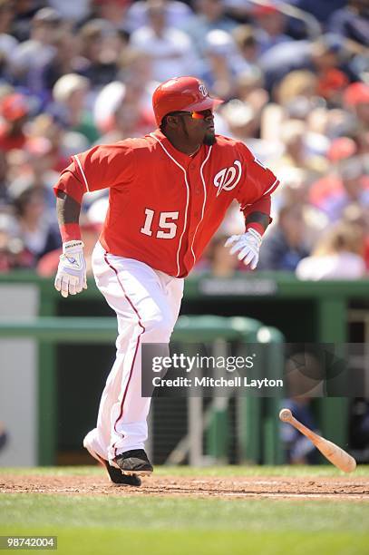 Christian Guzman of the Washington Nationals runs to first base during a baseball game against the Milwaukee Brewers on April17, 2010 at Nationals...