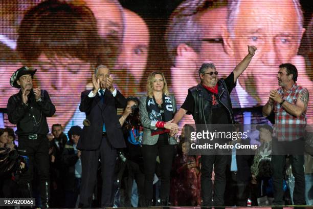 Portuguese band Xutos e Pontapes performs on Mundo stage with President Marcelo Rebelo de Sousa and Cristina Avides Moreira the widow of late...