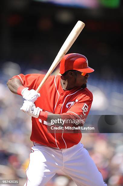 Christian Guzman of the Washington Nationals prepares to take a swing during a baseball game against the Milwaukee Brewers on April17, 2010 at...