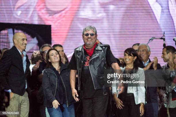 Portuguese band Xutos e Pontapes performs on Mundo stage with political leaders including prime minister Antonio Costa during a tribute concert to...