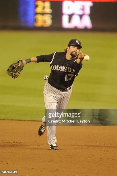 Todd Helton of the COlorado Rockies fields a ground ball during a baseball game against the Washington Nationals on April 19, 2010 at Nationals Park...